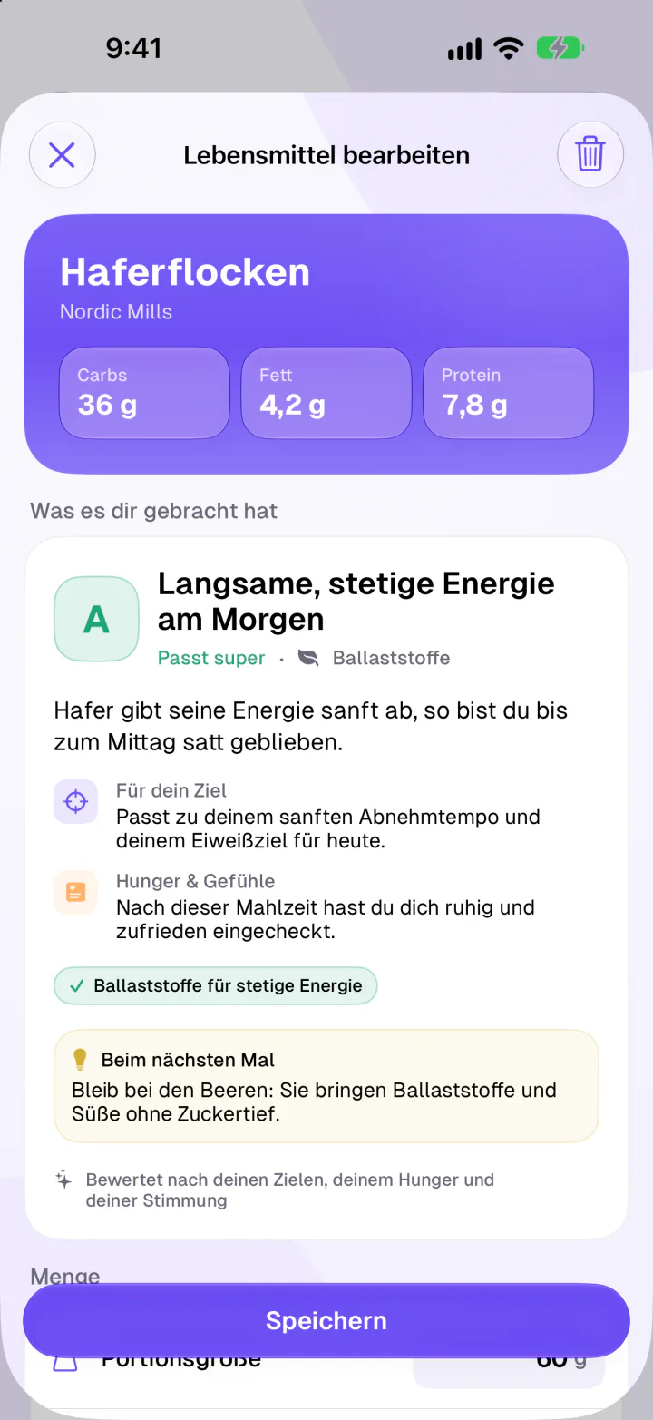 Ruhiger Modus in Fimbl bewertet Haferflocken mit der Note A: langsame, stetige Energie am Morgen, passt super, mit Hinweisen zu Ziel, Hunger und Gefühlen und einem Tipp für das nächste Mal