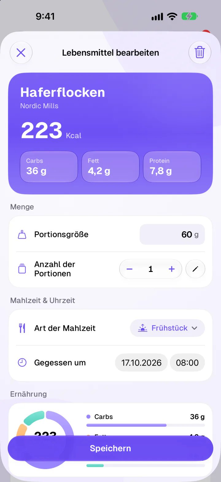 Lebensmittel bearbeiten: Haferflocken mit 223 kcal und Makroverteilung