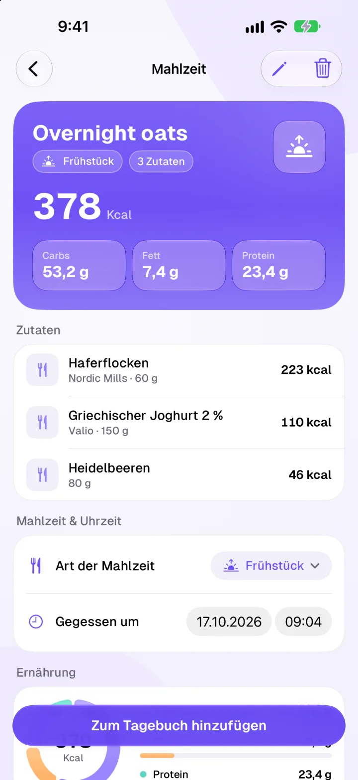 Gespeicherte Mahlzeit Overnight Oats mit 378 kcal, drei Zutaten und Makroverteilung