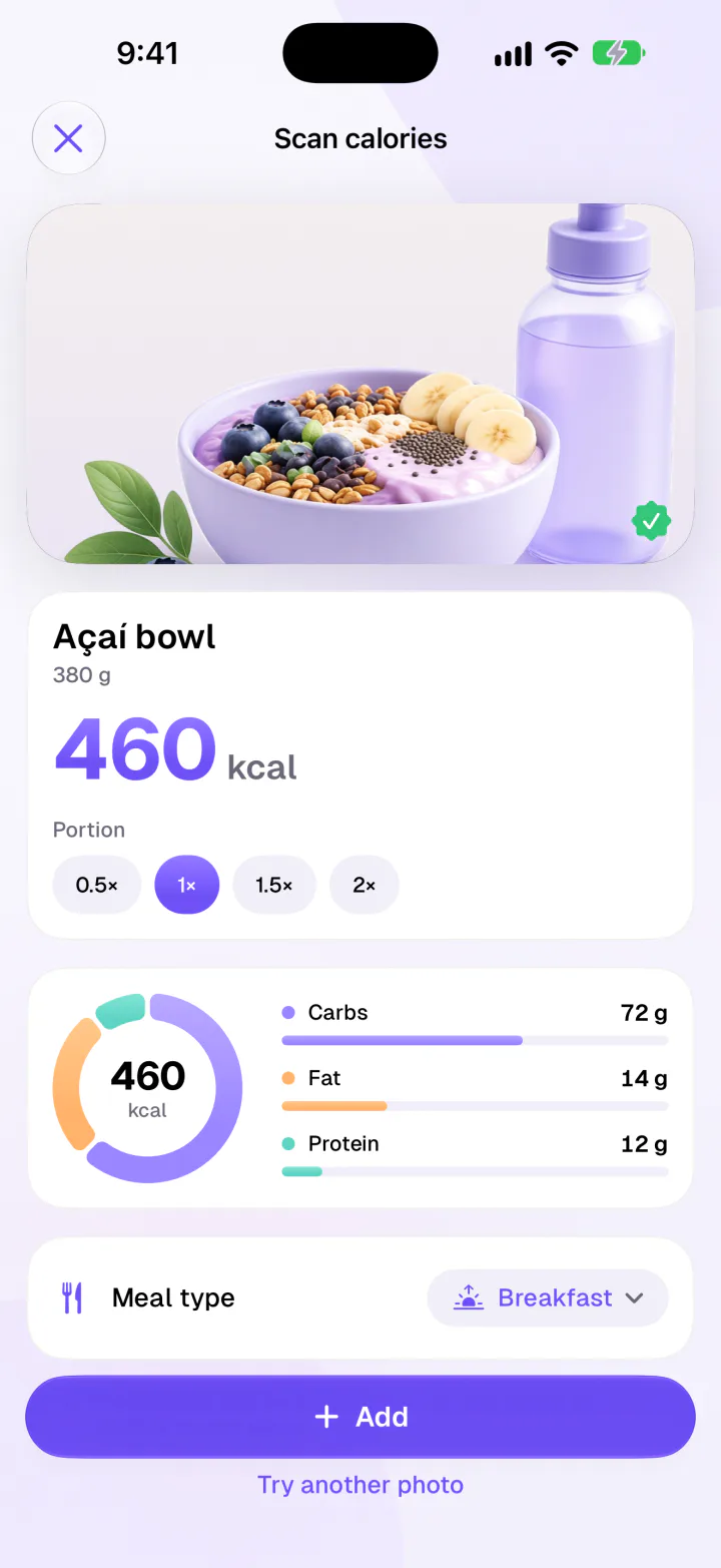 Fimbl photo calorie scan estimating an açaí bowl at 460 kcal with carbs, fat and protein