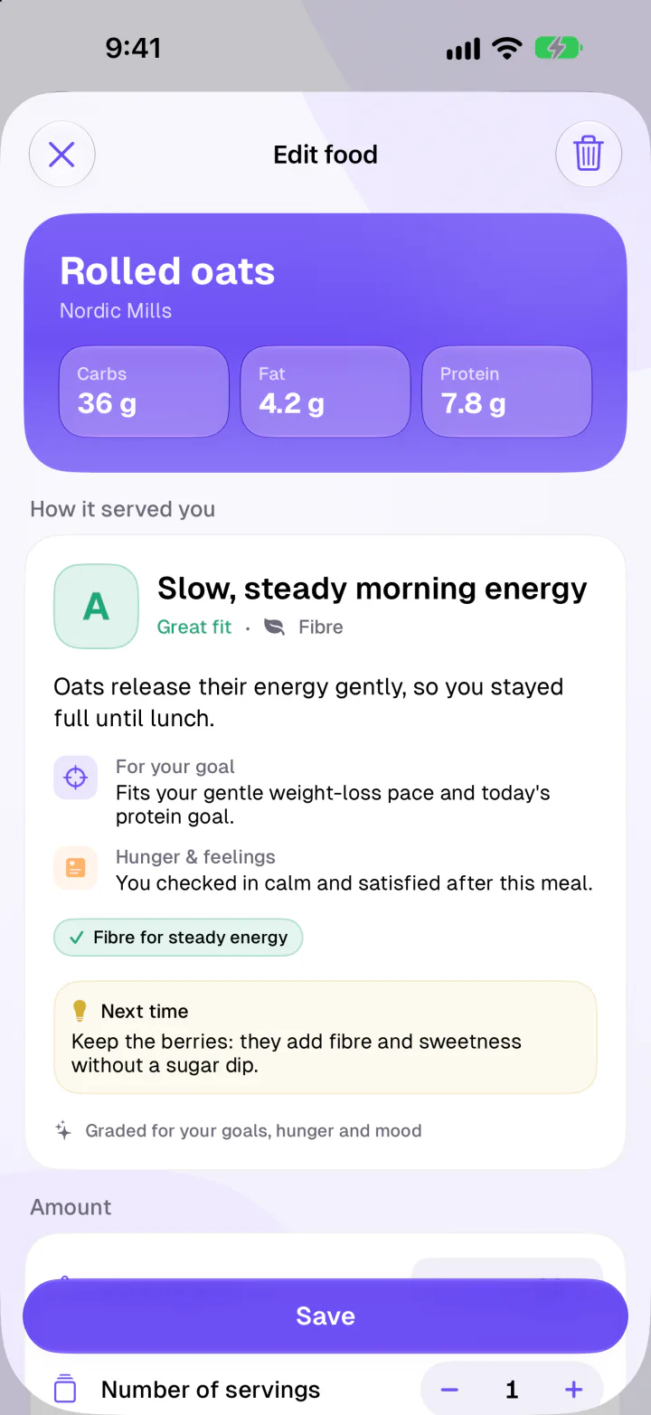 Fimbl Calm mode grading rolled oats with an A: slow, steady morning energy, a great fit, with notes on goals, hunger and feelings and a tip for next time