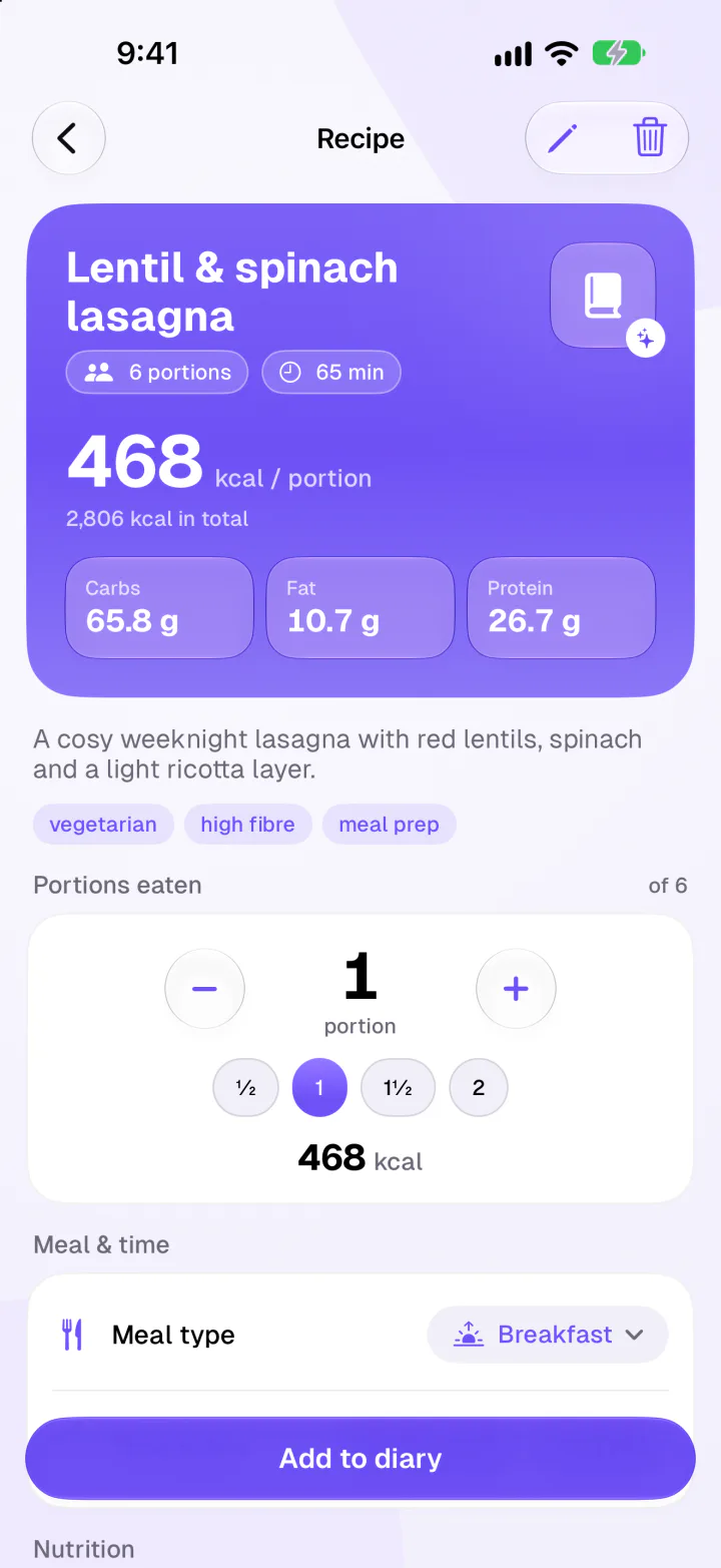 A lentil and spinach lasagna recipe in Fimbl with 468 kcal per portion
