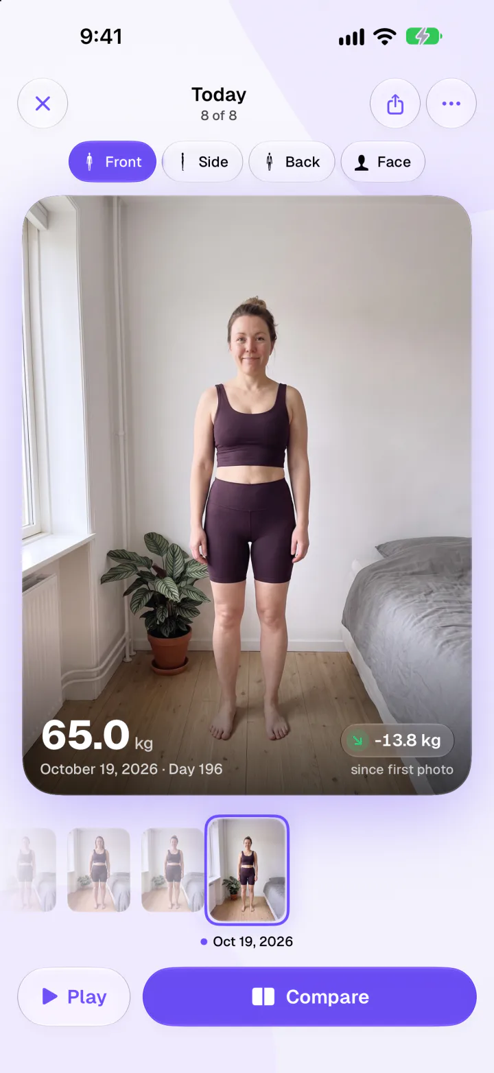 Fimbl progress photo gallery showing today's front photo at 65.0 kg on day 196, minus 13.8 kg since the first photo, above a strip of earlier photos and buttons to play a time-lapse or compare