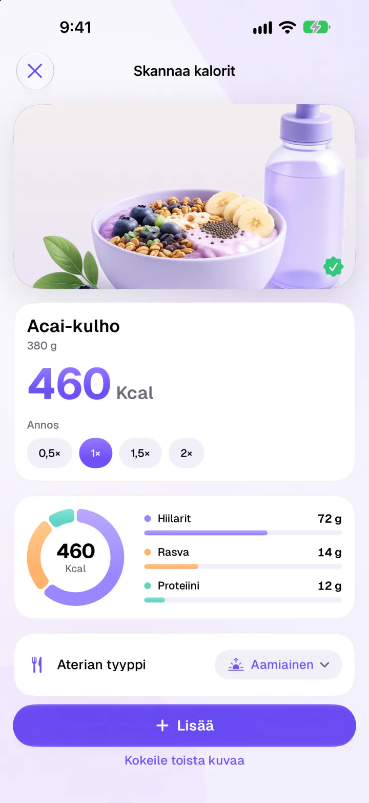 Fimblen tekoälykaloriskannaus arvioi açaí-kulhon 460 kilokaloriksi ja näyttää hiilihydraatit, rasvan ja proteiinin