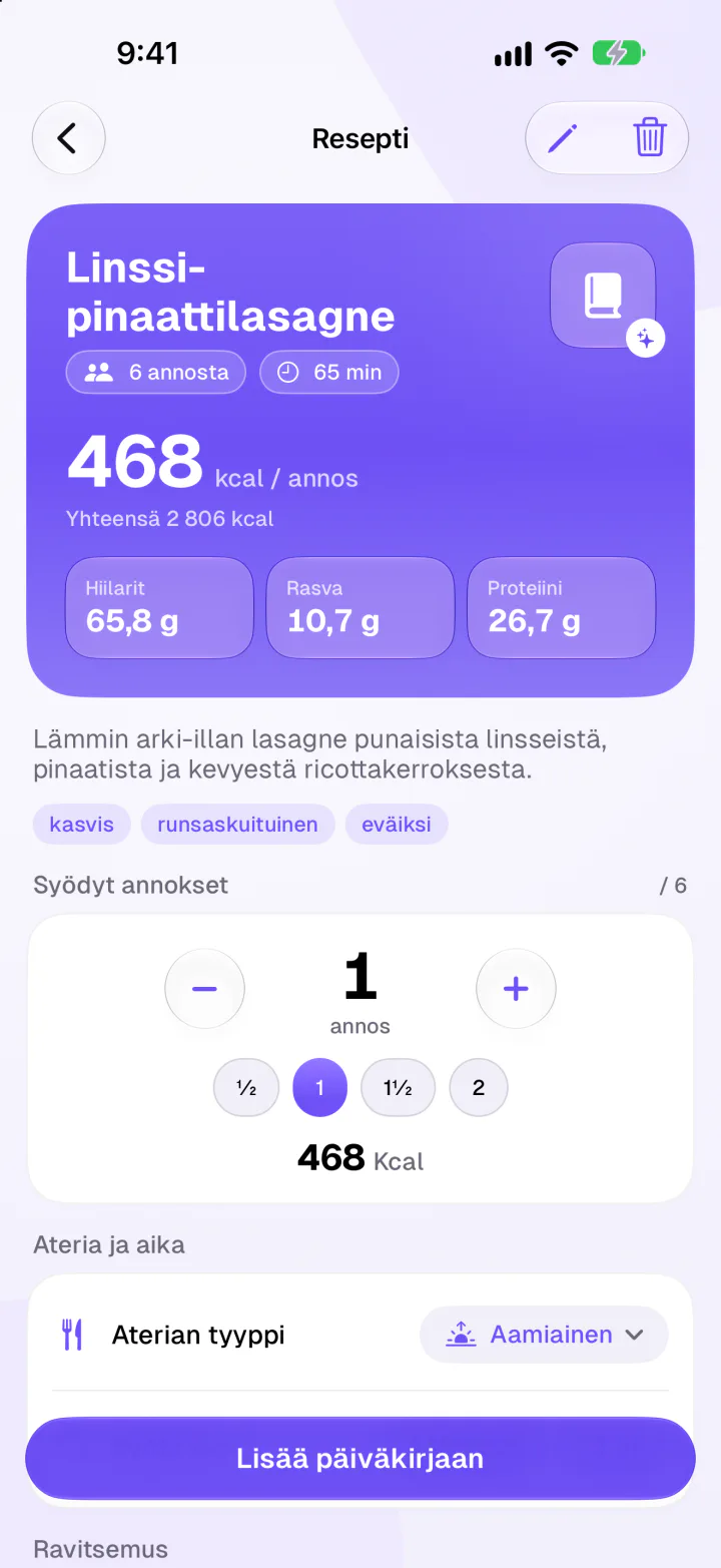 Fimblessä linssi-pinaattilasagnen resepti, 468 kcal annokselta