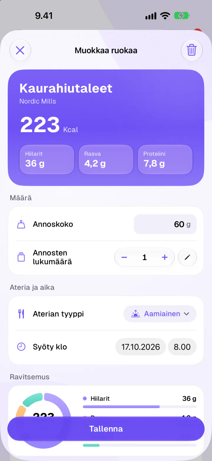 Muokkaa ruokaa -näkymä: kaurahiutaleet, 223 kcal ja makrojakauma