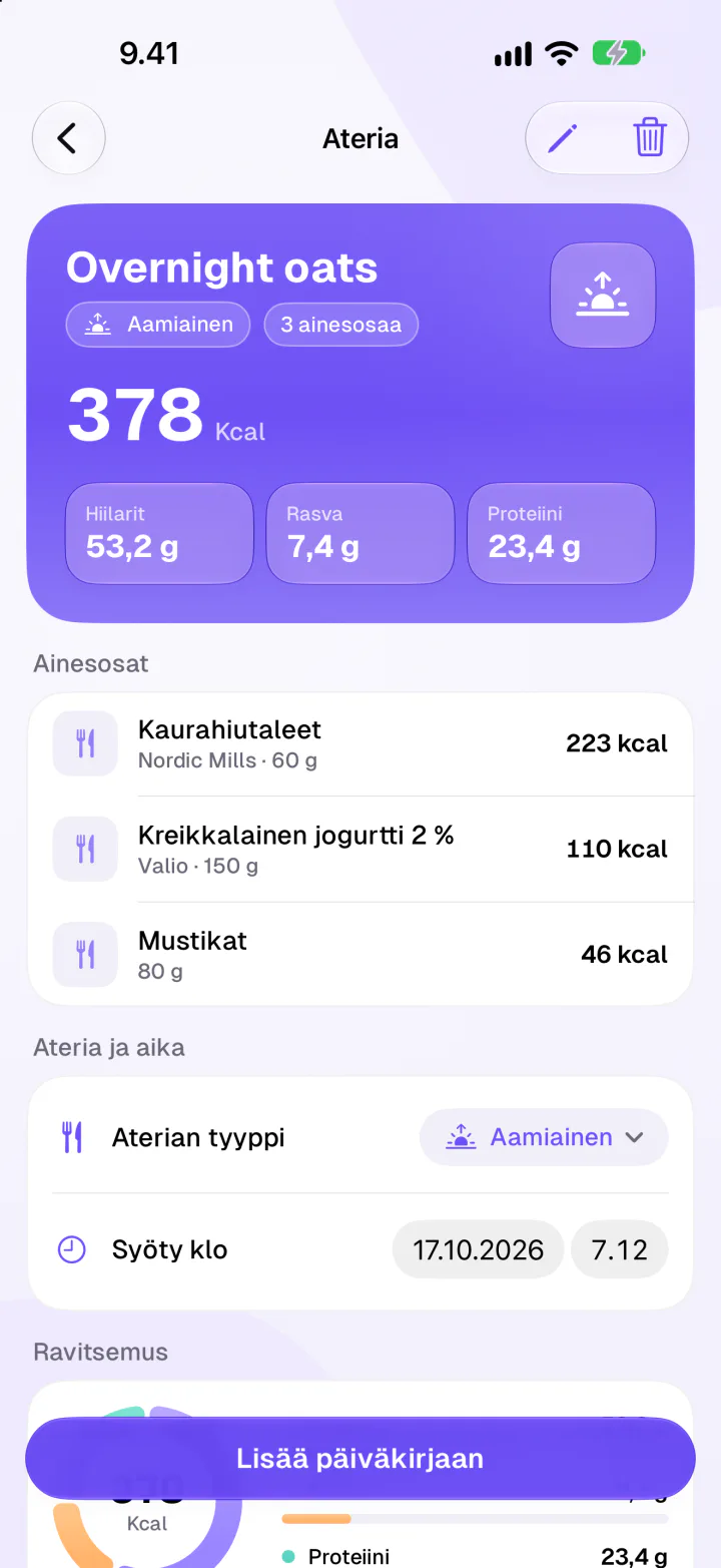 Tallennettu ateria Overnight oats: 378 kcal, kolme ainesosaa ja makrojakauma