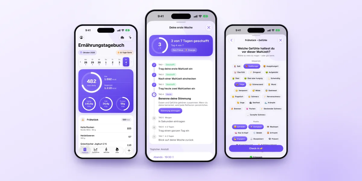 Drei Ansichten der Fimbl-App auf dem iPhone