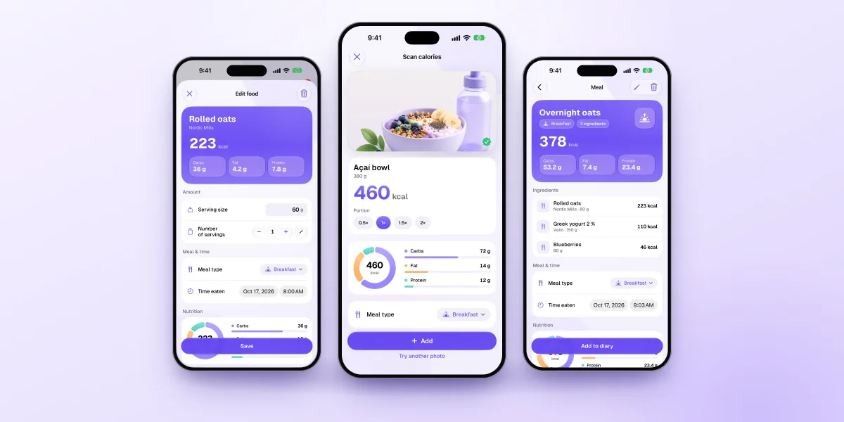 Three Fimbl app screens on iPhone