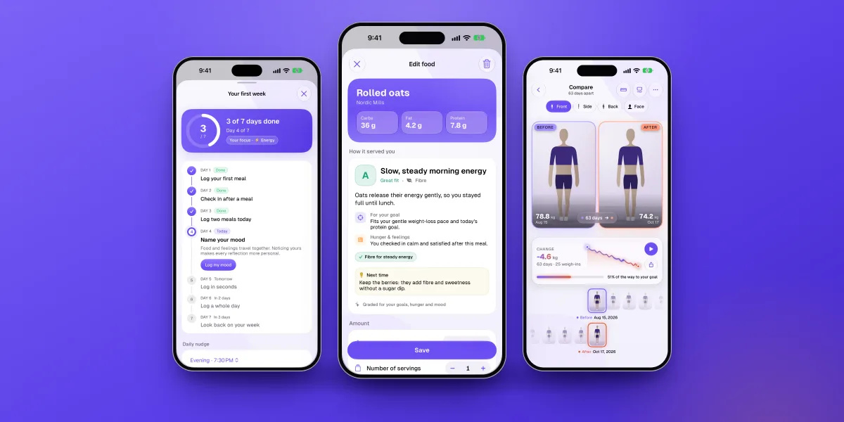Three Fimbl app screens on iPhone