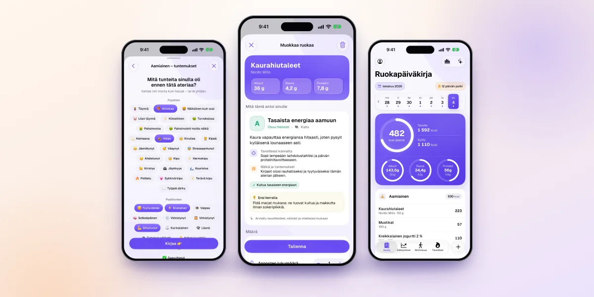Kolme Fimbl-sovelluksen näkymää iPhonessa