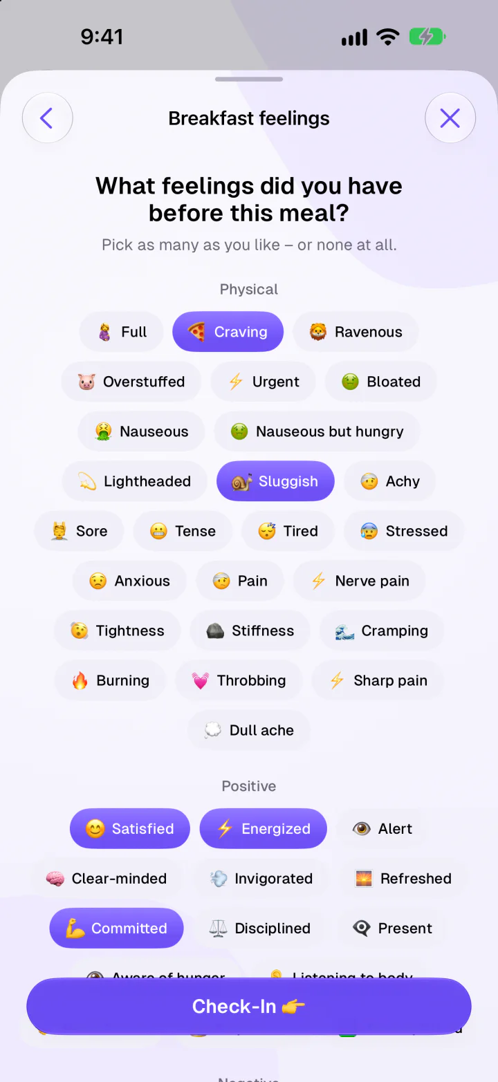 Meal check-in asking what feelings you had before breakfast, with feeling chips