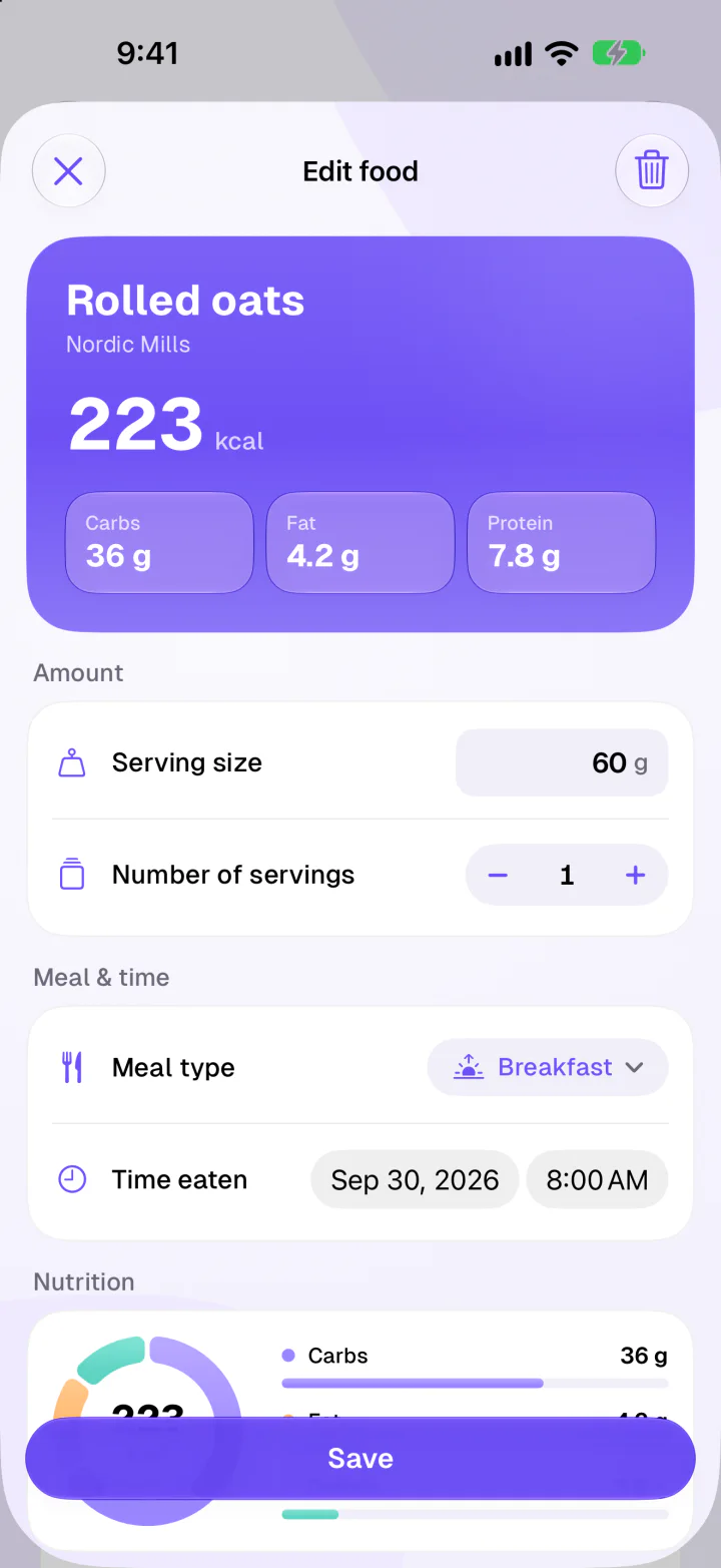 Edit food screen for rolled oats with 223 kcal and macro breakdown