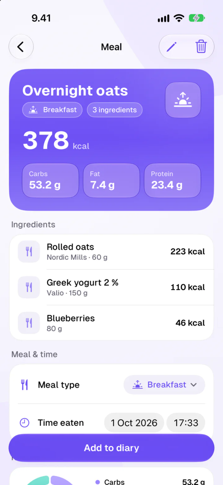 Saved meal Overnight oats with 378 kcal, three ingredients and macro breakdown